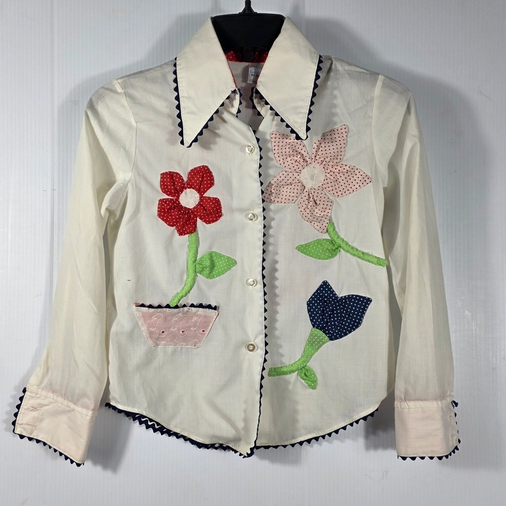 Vintage 70s Carol Evans JCPenney Floral Applique Ric Rac Blouse White Size 10